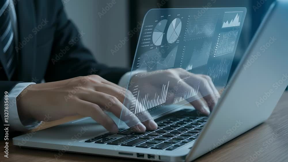 Poster businessman analyzing digital financial data with holographic charts on laptop. man in suit working 
