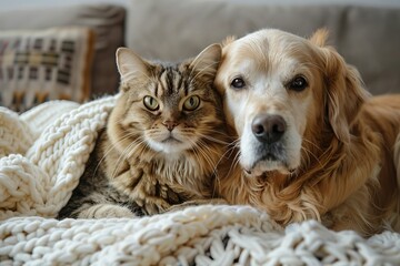 A Heartwarming Moment: Cat and Dog Cuddle on the Cozy Sofa