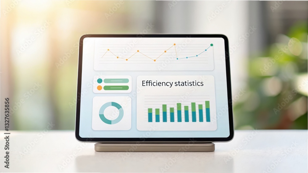 Poster renewable energy concept modern tablet displaying data visuals in a bright office setting.