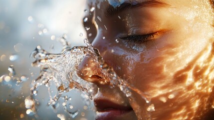 Fototapeta premium Water Splashing a Young Womans Face in Sunlight