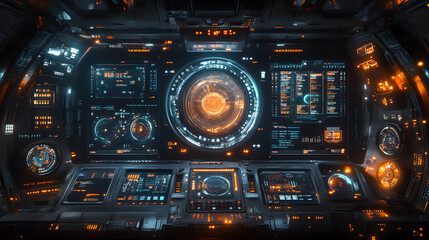 Futuristic control panel displaying advanced technology with glowing interfaces and data analysis