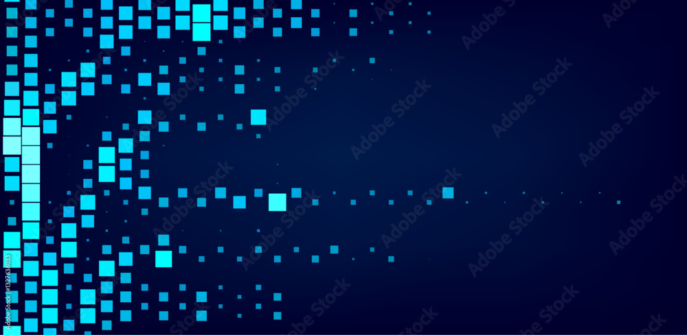 Fototapete Digital vector illustration of grid of blue squares on a dark background. Arrangement of squares creates a dynamic, flowing pattern that resembles data or pixels in a modern, tech-inspired design.