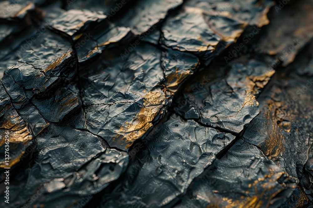 Poster a close-up photograph of a dark gray rock surface with golden veins, create depth and dimension thro