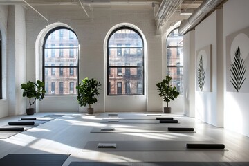 Fototapeta premium A bright and stylish yoga studio gym with a brick wall, window, and city view, created using 3D rendering