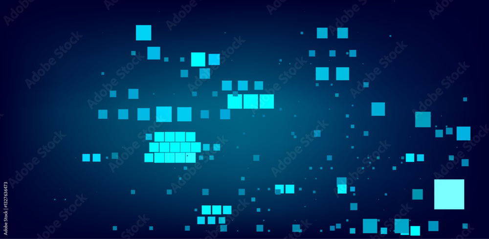Fototapete Digital artwork with blue squares on a dark background, forming a dynamic pattern that resembles data or pixels in a modern, tech-inspired design.