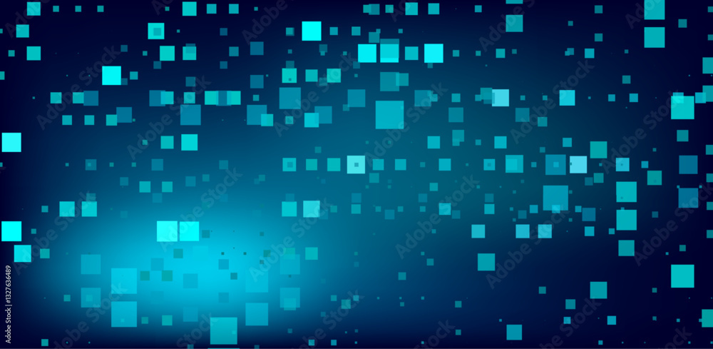 Poster Digital artwork with blue squares on a dark background, forming a dynamic pattern that resembles data or pixels in a modern, tech-inspired design.