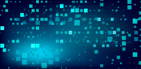Digital artwork with blue squares on a dark background, forming a dynamic pattern that resembles data or pixels in a modern, tech-inspired design.