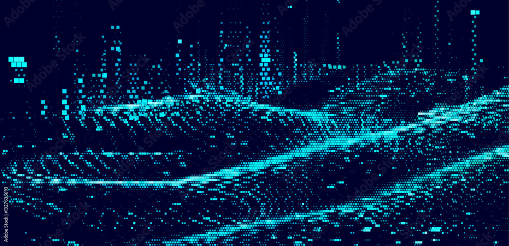 Fototapete Digital vector illustration of grid of blue squares on a dark background. Arrangement of squares creates a dynamic, flowing pattern that resembles data or pixels in a modern, tech-inspired design.