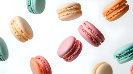 flying Colorful macarons on white background