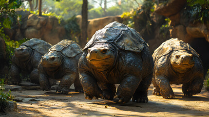 A group of four large tortoises walking through a lush, green jungle environment