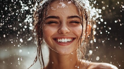 Fototapeta premium Woman smiling joyfully with water cascading over her