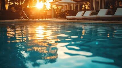 Of a Sunset view of a luxurious hotel pool, with soft golden light reflecting on the water and stylish poolside furniture