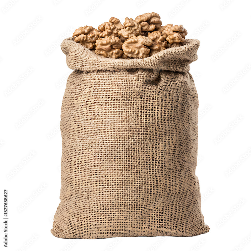 Poster sack of walnuts: a burlap sack overflowing with walnuts, showcasing the texture and abundance of thi