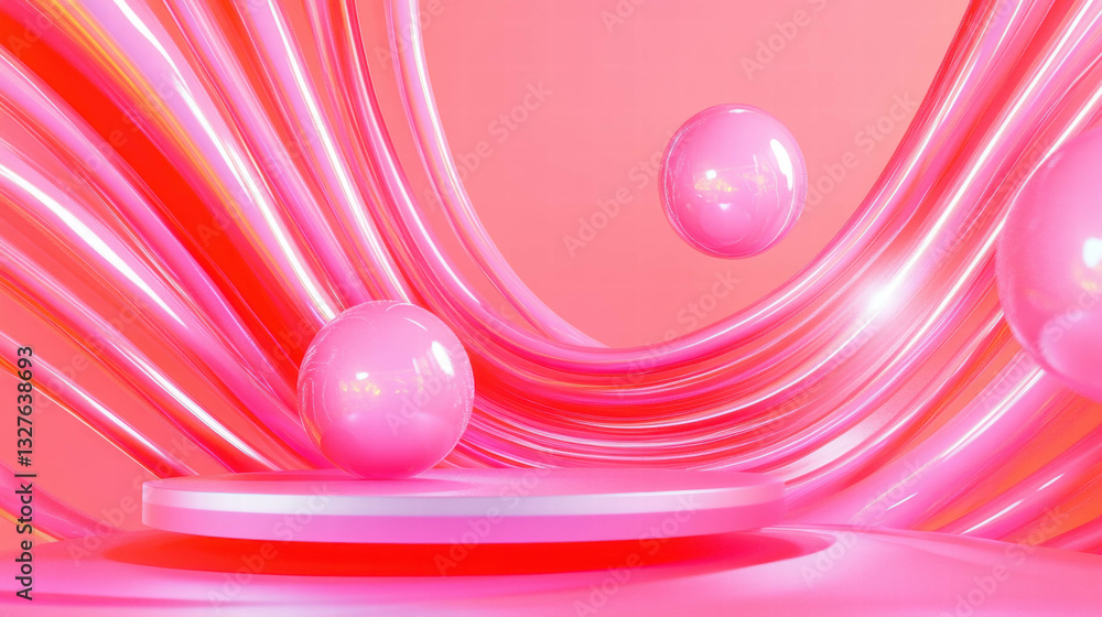 Poster abstract modern design with pink podium and floating spheres for creative display
