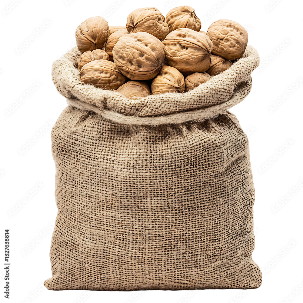 Poster a burlap sack overflowing with walnuts. the rough texture of the bag contrasts with the smooth, roun