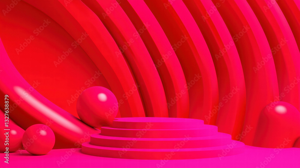 Poster abstract red background with podium and wavy patterns for modern design