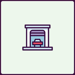 A minimalist cartoon illustration of a car parked inside a garage door