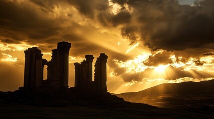 Silhouette of ancient ruins basks under a dramatic sunset sky
