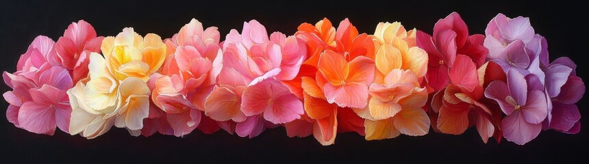 Obraz premium Pink and orange hydrangeas, stunningly reflected on a dark surface, crafted a serene and lively mood