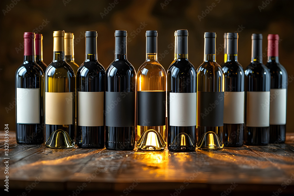 Aufkleber collection of diverse wine bottles arranged neatly on a rustic wooden table. generative ai.