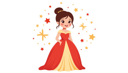 Cute girl in red and yellow gown smiling with stars background