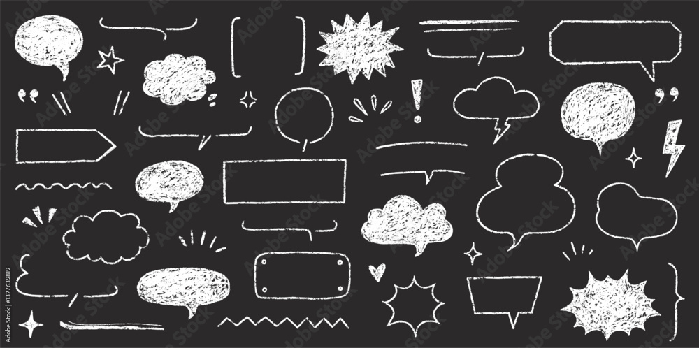 Poster Speech bubble text frame dialog cloud hand drawn set. Crayon chalk doodle talk speech bubble frame. Hand drawn line chalk frame, think balloon, children doodle text cloud icon. Vector illustration.