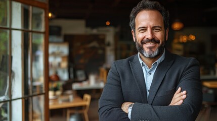 Smiling businessman in cafe