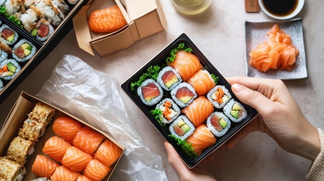 Enjoying freshly prepared sushi and sashimi in a cozy setting during a relaxing evening with friends - Powered by Adobe