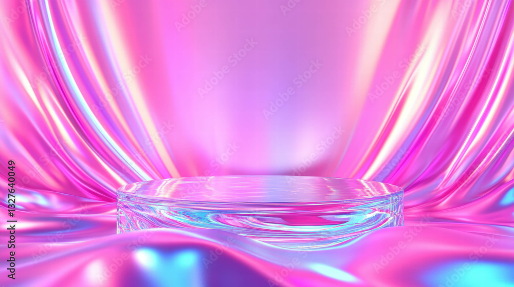 Poster iridescent podium in abstract background for trendy modern design projects