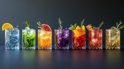 Of a Vibrant rainbow cocktail collection arranged in a row, with each drink showcasing a different bold color and garnish