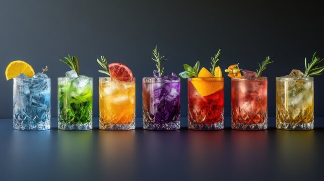 Of a Vibrant rainbow cocktail collection arranged in a row, with each drink showcasing a different bold color and garnish