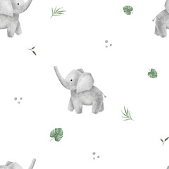 Seamless pattern with leaves monstera and african animals rhinoceros and elephant for children's design. Hand drawn illustration crocodile Cute Print for childish textile design or wallpaper