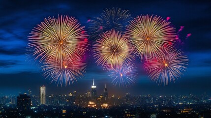New Years Eve fireworks breathtaking skyline view with vibrant fireworks lighting up the night sky city lights glowing below