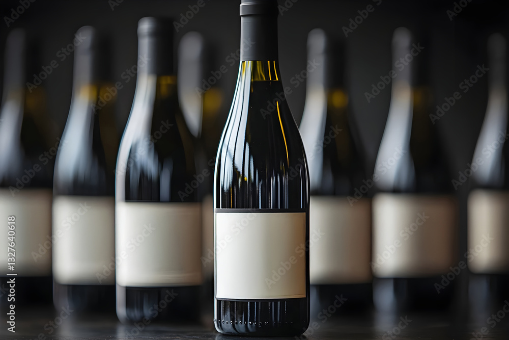 Poster elegant wine bottle collection displayed with empty labels on a shelf. generative ai.