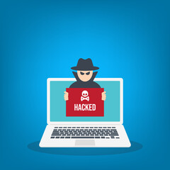 Hacker with hacked note, stealing confidential data, personal information and credit card detail. Hacking concept.	