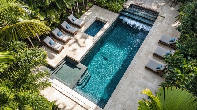 Luxury outdoor pool oasis with multiple seating areas