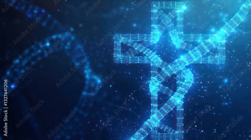 Sticker a digital cross intertwined with dna strands, representing the intersection of faith and science in 