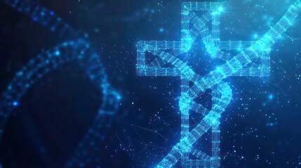 A digital cross intertwined with DNA strands, representing the intersection of faith and science in a vibrant blue theme.