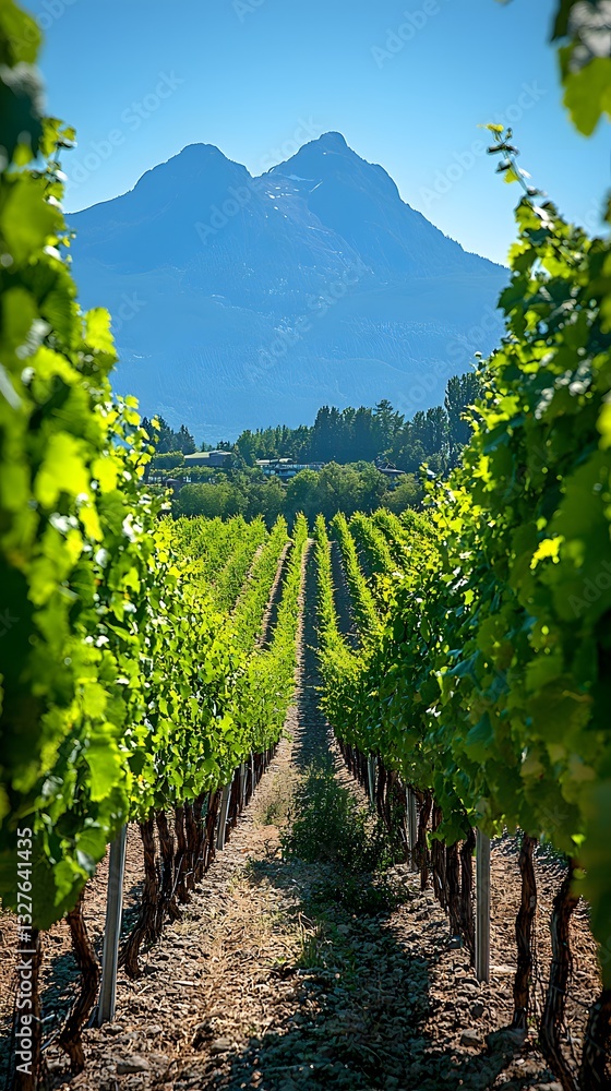 Poster vineyard rows showcasing lush grapes with mountains in the background. generative ai