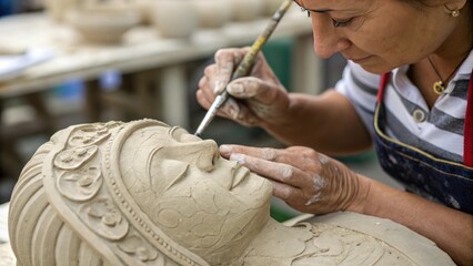 Obraz premium a skilled artisan carefully carving a detailed sculpture in a pottery studio