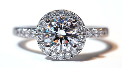 A close-up of a diamond engagement ring with a halo setting