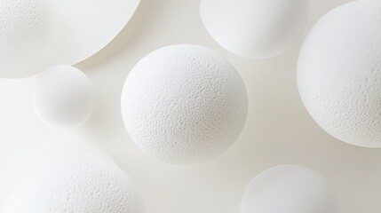 Floating white spheres minimalist setting abstract art clean aesthetic top view serenity