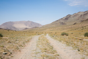 Landscape from remote region of Mongolia. Road to Altai mountains, Oigor valley
