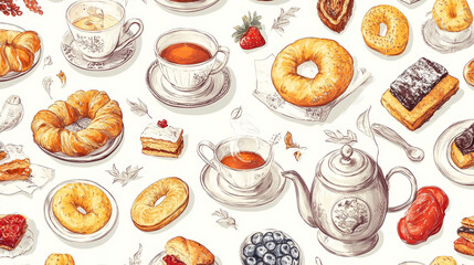Background tea samovar russian traditional teapot seamless pattern cuisine bagel food boublik vector illustration