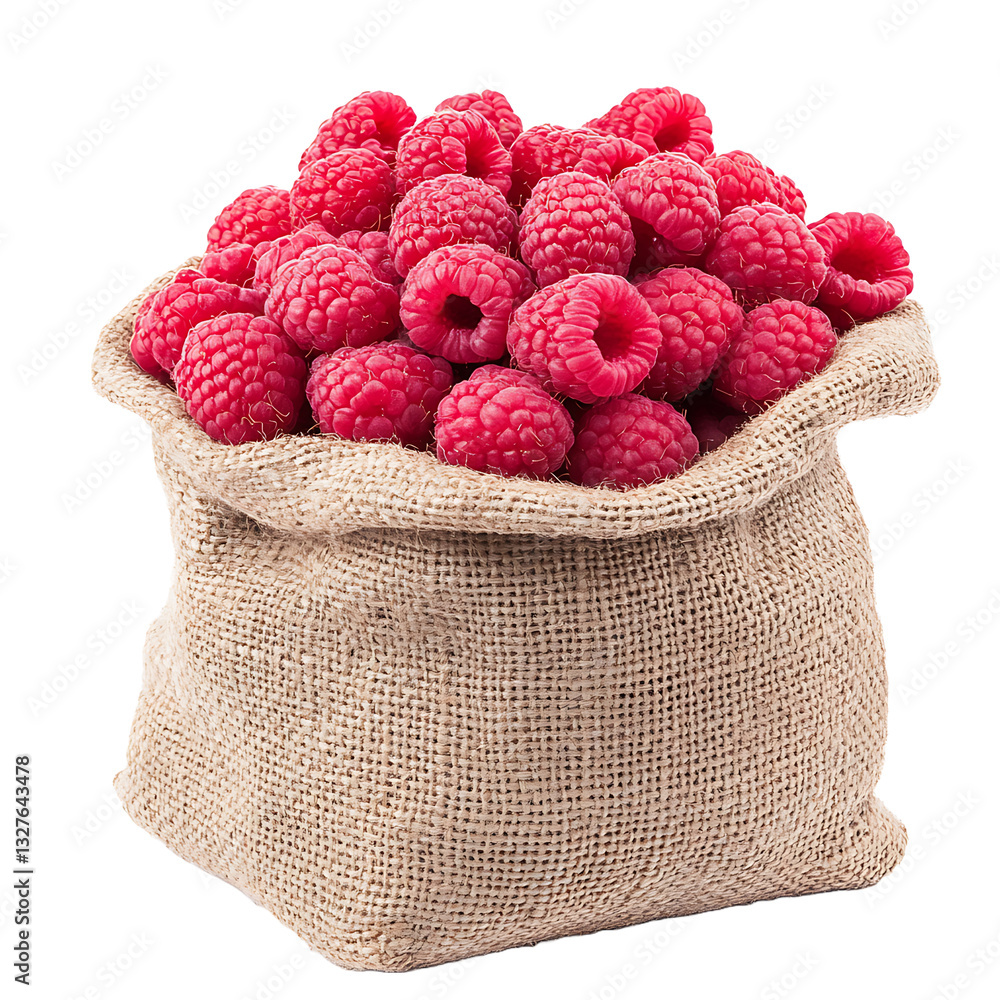 Poster freshly picked raspberries overflow from a rustic burlap sack. the vibrant red berries are a delight