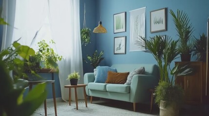 Fototapeta premium A beautiful blue living room is decorated with many plants
