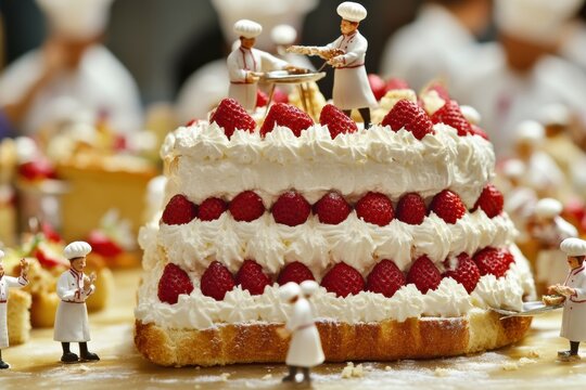 Delightful cake creation with tiny chefs in Saint Petersburg featuring strawberries and cream Generative AI