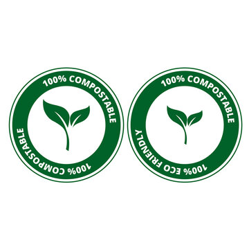 Green 100% compostable round signs on a white background