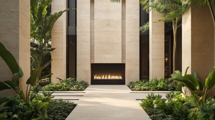 A luxurious courtyard featuring a minimalist outdoor fireplace, framed by tall beige limestone arches with black steel accents