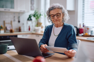 Senior woman using laptop while analyzing her home finances.